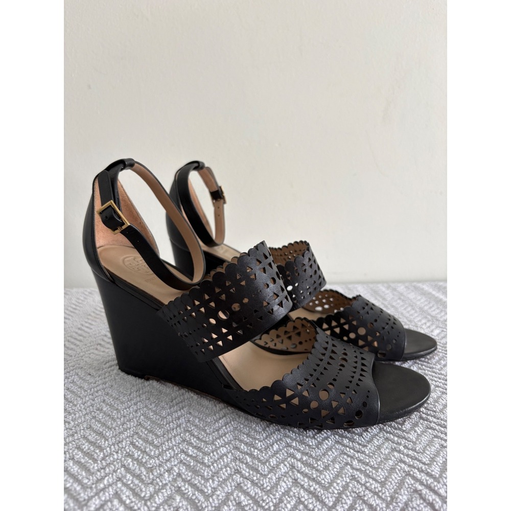 Tory Burch Black Leather Laser Cut Wedge Sandals Ankle Strap 9.5M 12158068